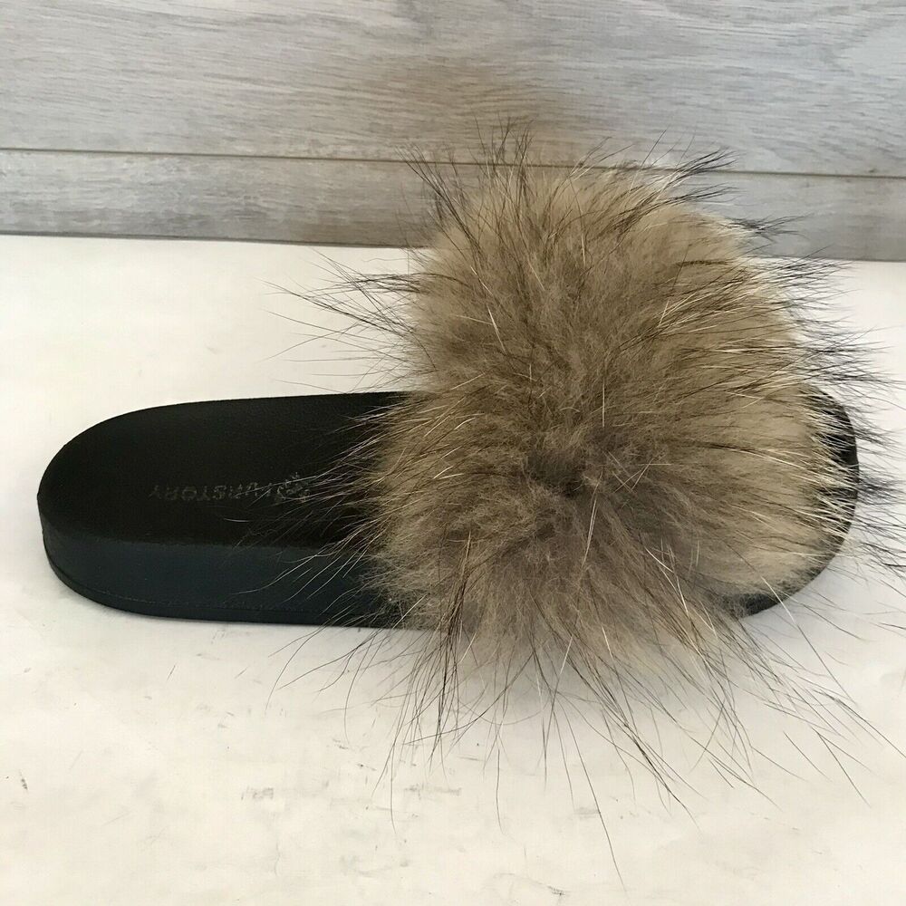 Fur Story Natural Brown Fox Fur & Black Slide Sandals Slippers EU 43.5 US 11‎